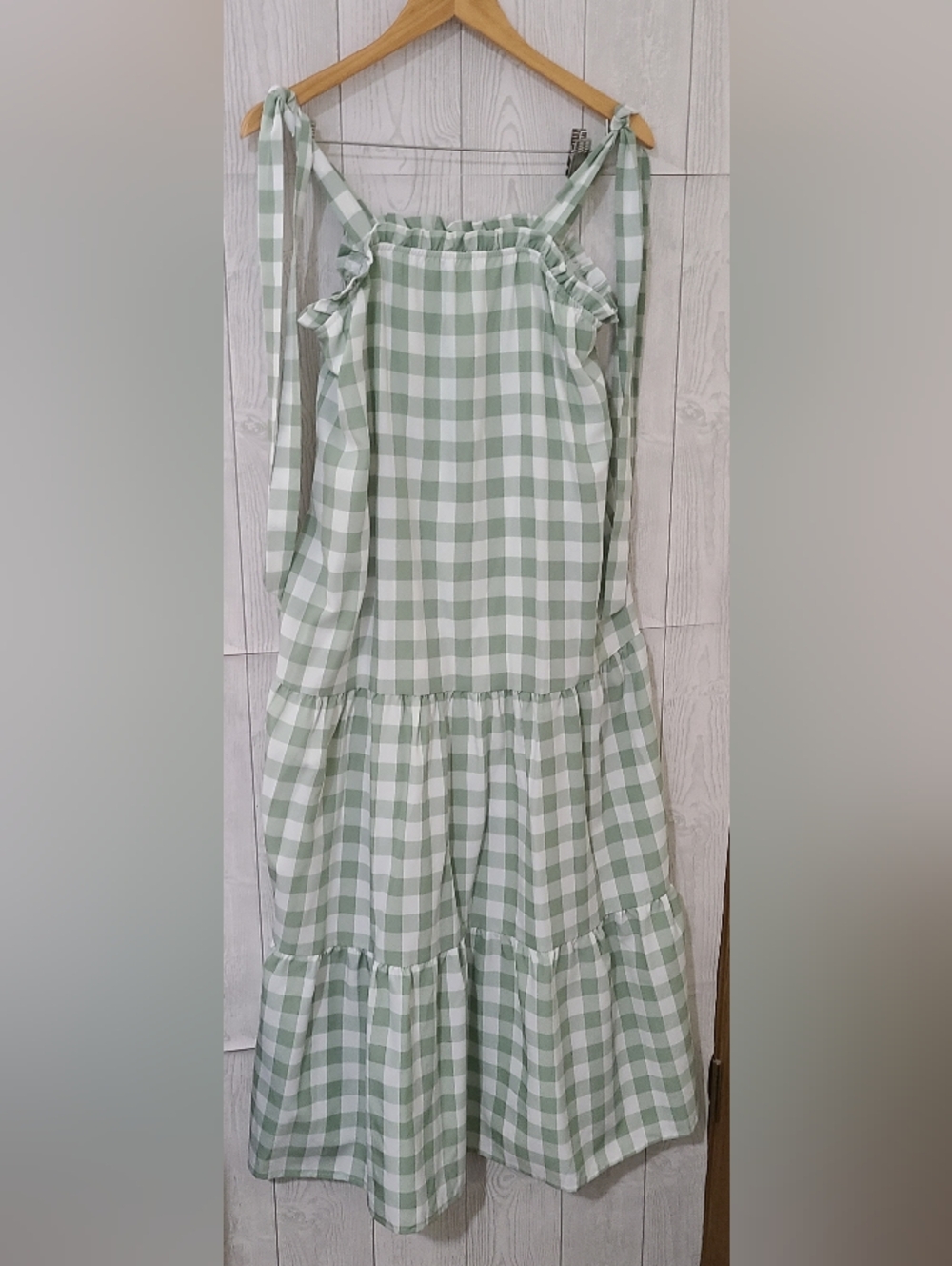 Gingham Tiered Midi Dress in Sage and White